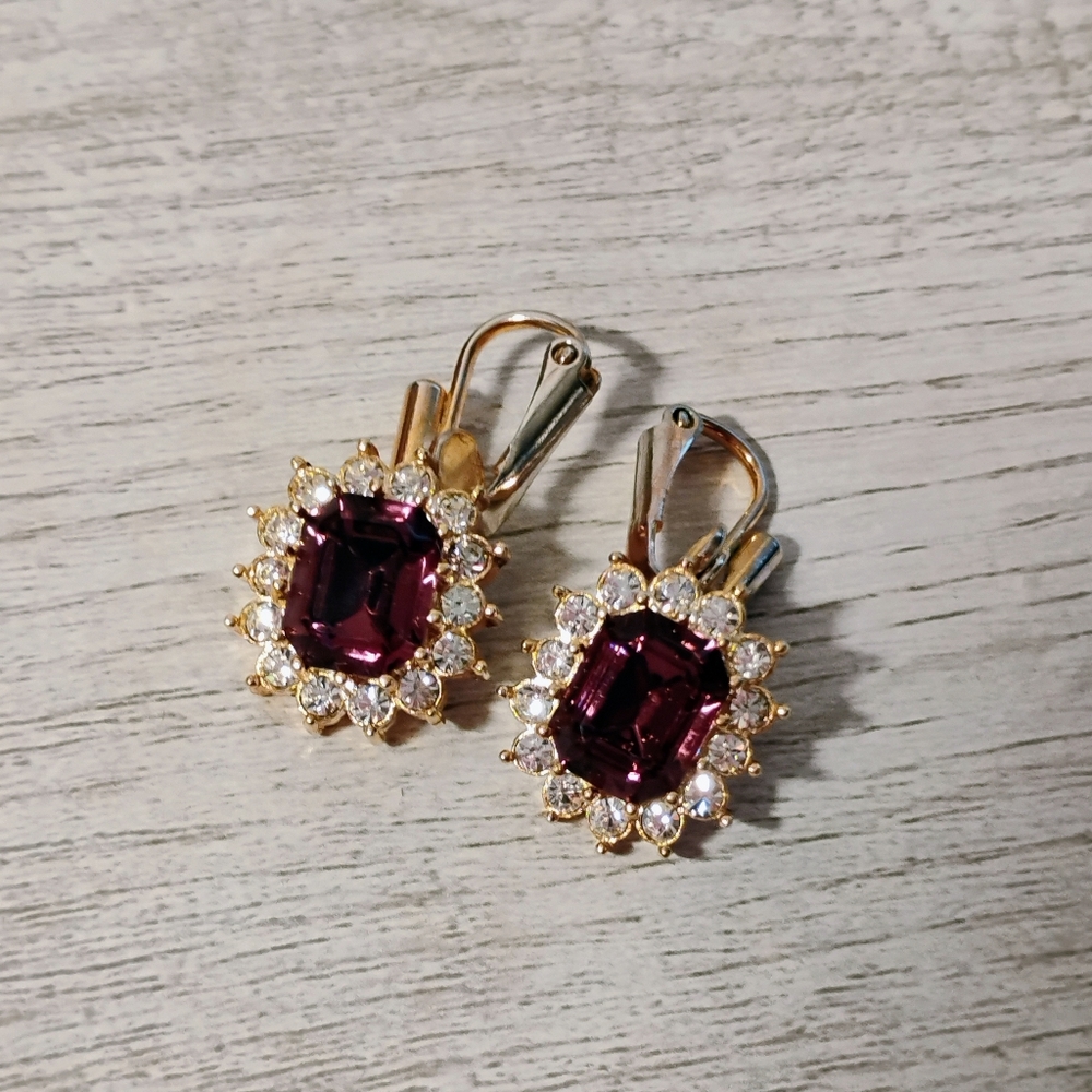 Gold and Purple Crystal Drop Earrings